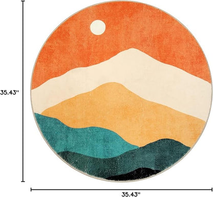Abstract Round Rug 3ft, Faux Wool Soft Throw Area Rugs, Washable Farmhouse Small Circle Rug, Floor Low Pile Mats for Bedroom Bathroom Laundry Room Nursery Decor