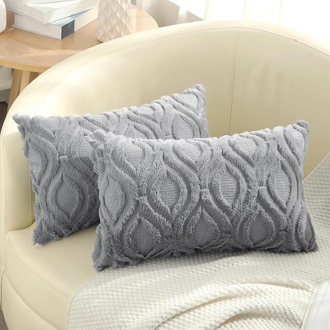 decorUhome Spring Throw Pillow Covers 12x20 Inch Set of 2, Soft Plush Faux Wool Grey Solid Couch Pillow Covers, Accent Farmhouse Neutral Square Pillow Cases for Sofa Bed Living Room