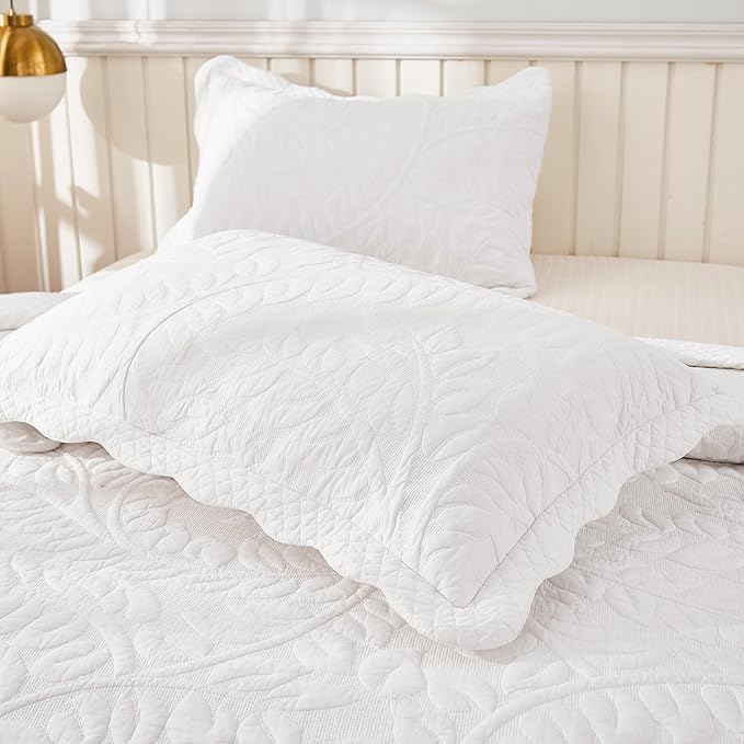 MarCielo 100% Cotton Quilt Set - 3-Piece Embroidered Farmhouse Bedspread & Shams, All-Season Breathable Bedding (Bright White,Queen)