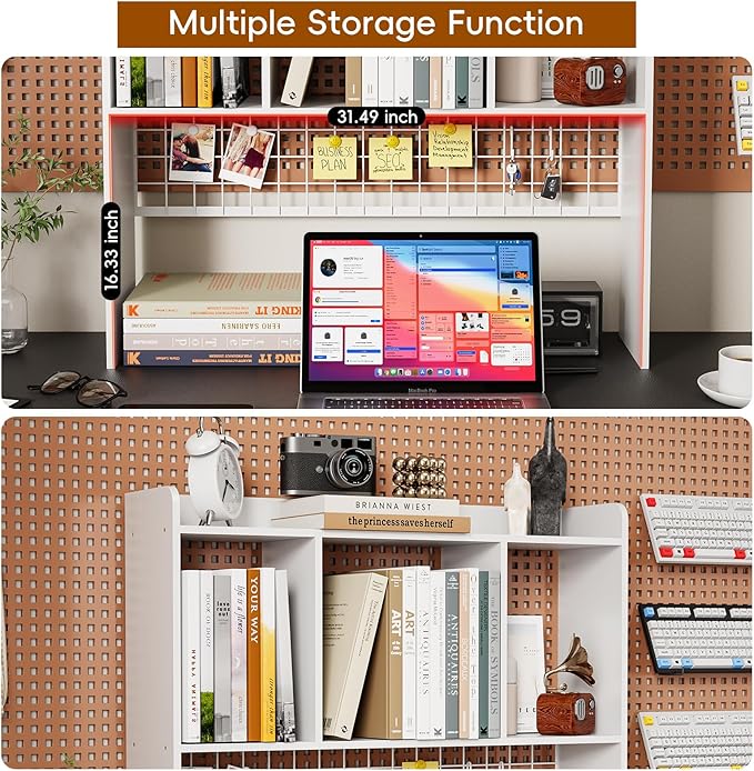 Desktop Bookshelf,Countertop Storage Hutch with 3 Shelves for Computer Desk，2-Tier Display Rack with Grid Panel, Multipurpose Wood Desk Hutch Storage Organizer for Home Office Dorm (White)
