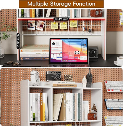 Desktop Bookshelf,Countertop Storage Hutch with 3 Shelves for Computer Desk，2-Tier Display Rack with Grid Panel, Multipurpose Wood Desk Hutch Storage Organizer for Home Office Dorm (White)