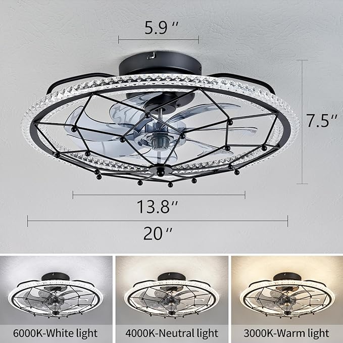 Matte Black Ceiling Fan with Light, Farmhouse Chemistry Molecular Model Caged Ceiling Fan with Remote, LED Low Profile Ceiling Light for Bedroom Kitchen Living Room