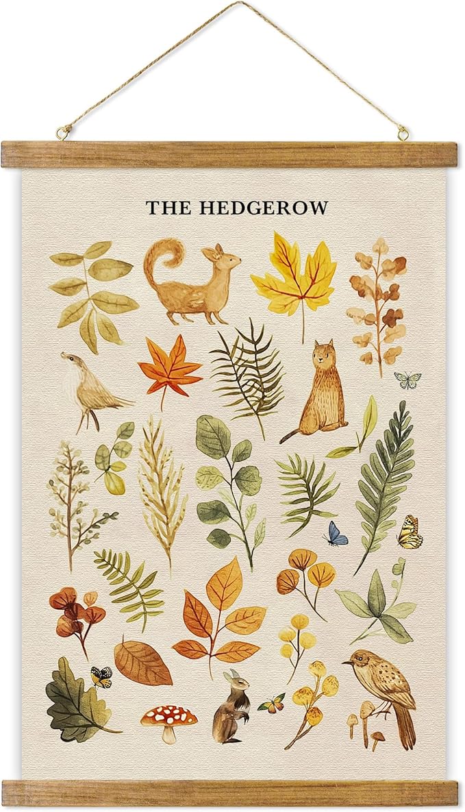 ABoby Vintage Hedgerow Wildlife Posters - Countryside Animals and Plants - Nature Style Wall Decor with Wood Frames - Ready to Hang
