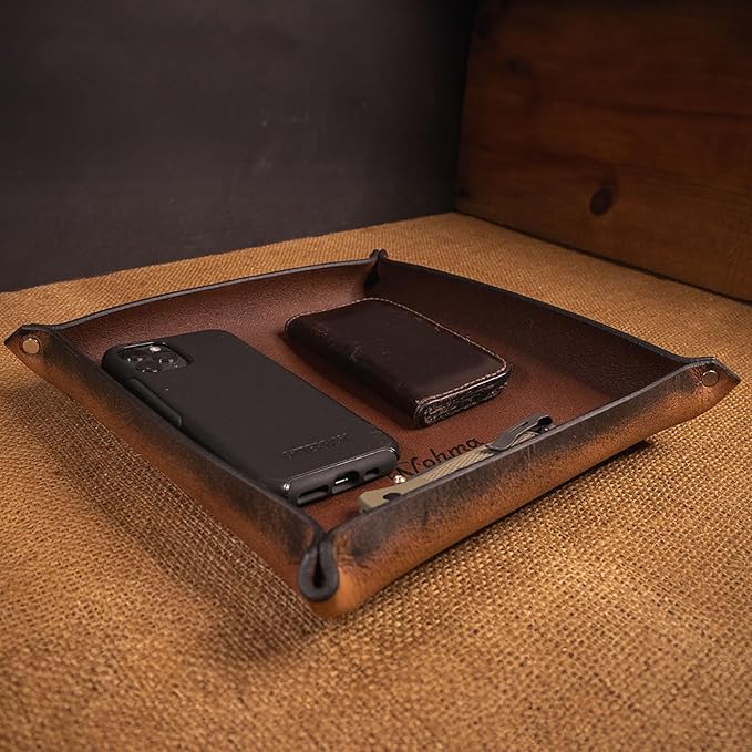 Valet Tray – Full-Grain Leather Catchall Organizer for Keys, Phone & Wallet – Rustic Nightstand & Desk Tray with Raised Sides – Handmade in USA (Vintage Brown, Medium Square)