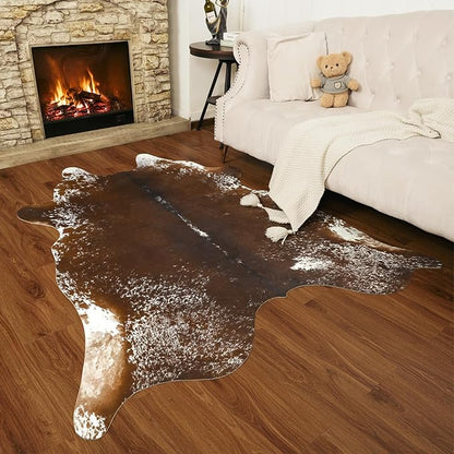 AROGAN Western Decor Faux Fur Cowhide Rug, 6.2x7 Feet Premium Animal Skin Cow Hide Rug, Durable Cow Print Rugs for Wall Decor, Western Floor Carpet for Bedroom Living Room, Spotted Brown