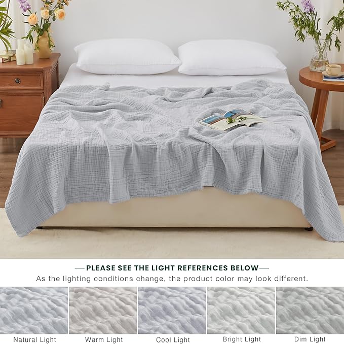 Love's cabin 6 Layer 100% Cotton Muslin Blanket, 90"x90" Muslin Blanket Queen for Couch Bed, Lightweight and Breathable Cotton Gauze for Adult, Light Grey