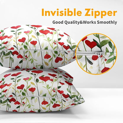 Valentines Day Pillow Covers 24x24 Set of 2 Green Red Heart Throw Pillow Covers Love Pillowcase Linen Decoration Farmhouse Holiday Cozy Soft Cushion Case Couch for Indoor Outdoor Home Decor