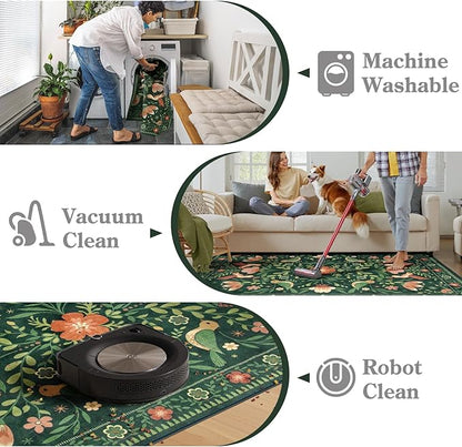Moynesa Floral Bird Round Rug 6ft Washable Circle Rug Non Slip,Modern Cottage Green Area Rugs for Bedroom Reading Coner,Farmhouse Living Dining Room Aesthetic Carpet Vintage Home Decor