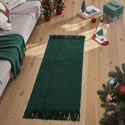 Collive Christmas Kitchen Rugs Washable, 2' x 4.3' Green Hand-Woven Farmhouse Bathroom Mats, Low File Front Door Rug Boho Reversible Bedroom Runner Carpet for Entryway Foyer Home Decor