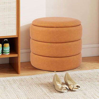 DAGONHIL Round Storage Ottoman PU Leather Footrest, Hidden Storage Ottoman Stool, Multi-Functional Coffee Table for Living Room, Bedroom, Entryway, Brown