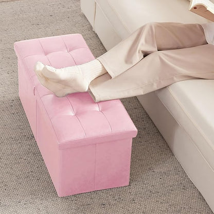 HAUSFRAU 31.5 Inches Ottoman with Storage Bench, Folding Ottoman Bench Small Foot Rest Stool, Bedroom Bench with Flipping Lid, Faux Leather Pink
