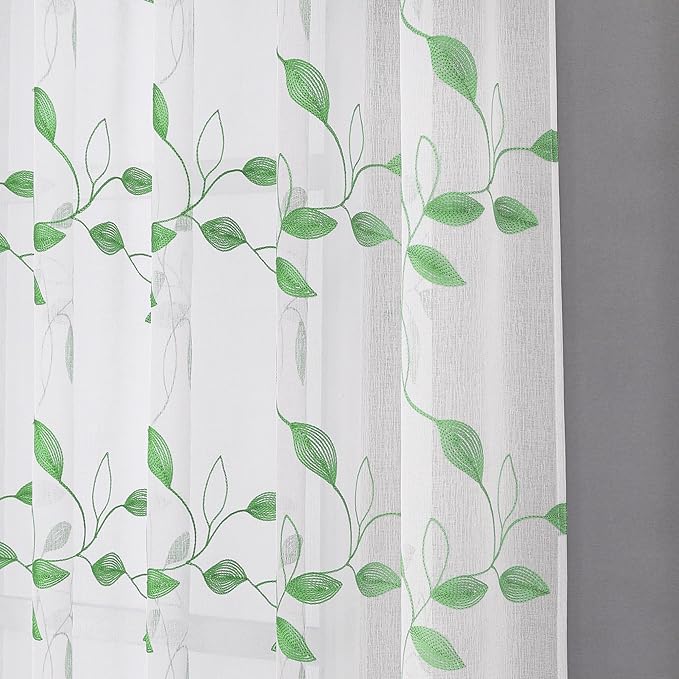 Tollpiz Green Leaf Sheer Curtains Leaves Embroidered Living Room Curtain Rod Pocket Voile Window Treatments for Bedroom, 54 x 63 inches Long, Set of 2 Panels