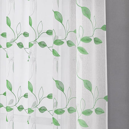 Tollpiz Green Leaf Sheer Curtain Leaves Embroidered Bedroom Curtains Rod Pocket Voile Window Treatment for Living Room, 54 x 95 inches Long, Set of 2 Panels
