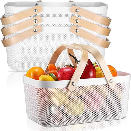 Sadnyy 4 Pcs Plastic Mesh Garden Harvest Basket Storage Basket with Wooden Handle Multi Functional Mesh Bin for Kitchen Cabinet Picnic Fruit Vegetable Gathering Organizer(Large,White)