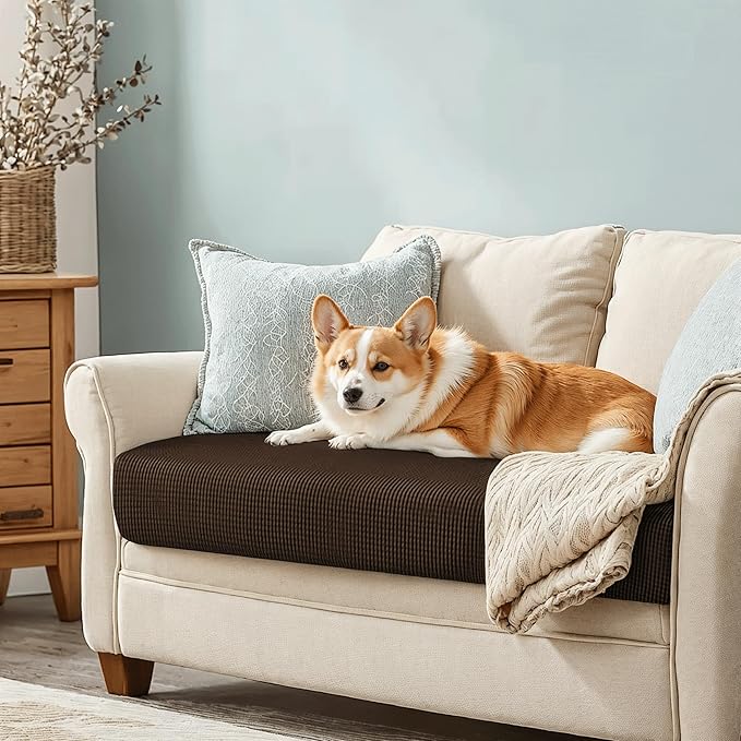 CHUN YI Medium Couch Cushion Cover Stretch for Loveseat, Sofa Seat Slipcovers for Pets, Suitable for Armchair Loveseat Sofa with Spandex Jacquard Washable Fabric(Medium,Chocolate)