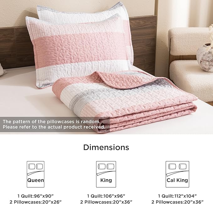 Litanika Quilt Queen Size Pink, Stripe Patchwork Summer Bedspread Coverlet 3 Pieces, Soft Lightweight Microfiber Quilted Bedding Set for All Season(1 Quilt, 2 Pillowcases)