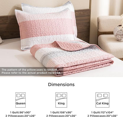 Litanika California King Quilt Set Pink - Cal King Oversized Stripe Comforter Bedspreads & Coverlets - Soft Lightweight Quilted Bedding Set for All Season(1 Quilt, 2 Pillowcases)