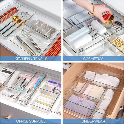 Ravinte 6 Pack Drawer Organizer - 3" X 3" Plastic Storage Bins, Acrylic Organizers with Non-Slip Pads Clear Desk Storage Tray for Makeup, Jewelries, Kitchen Utensils, Bathroom and Office