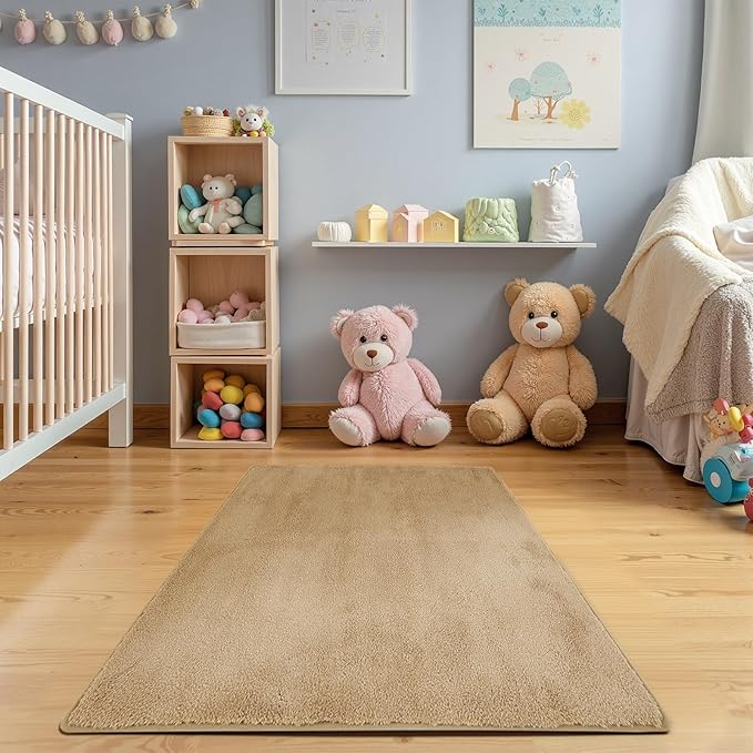 jinchan Solid Plush Area Rug 3x5 Performance Shaggy Washable Rug Indoor Soft Modern Faux Wool Cozy Non Slip Carpet for Living Room Kids Room Bedroom Dining Room Nursery Tan