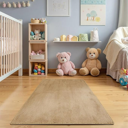 jinchan Solid Plush Area Rug 3x5 Performance Shaggy Washable Rug Indoor Soft Modern Faux Wool Cozy Non Slip Carpet for Living Room Kids Room Bedroom Dining Room Nursery Tan