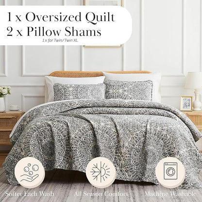 Southshore Fine Living, Inc. Ashanti Collection Oversized Quilt Queen Bedding Set Lightweight, Soft Coverlet Bedspread 3-Piece with Two Matching Shams (98 in Wide x 98 in Long), Full/Queen, Grey