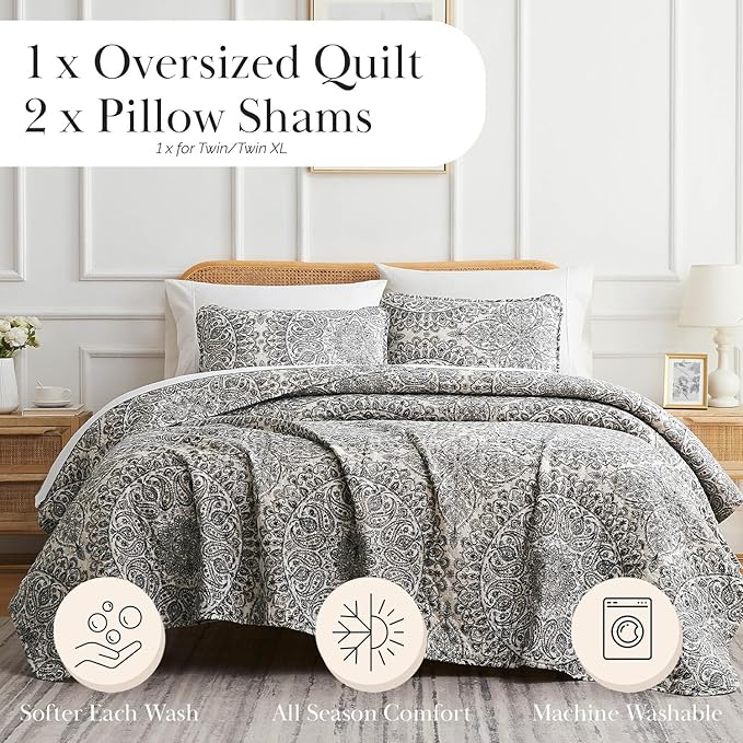 Southshore Fine Living, Inc. Ashanti Collection Oversized King Quilt Bedding Set, Soft Fabric, Lightweight Bedspread 3-Piece, Two Matching Shams (108 in Wide x 98 in Long), King/California Size, Grey