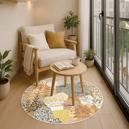 DEXDE Round Rug 4ft Washable Circle Area Rugs Non Slip Low Pile Boho Floral Small Circular Carpet for Bedroom Bathroom Entryway Kids Room Office Dining Room,Camel
