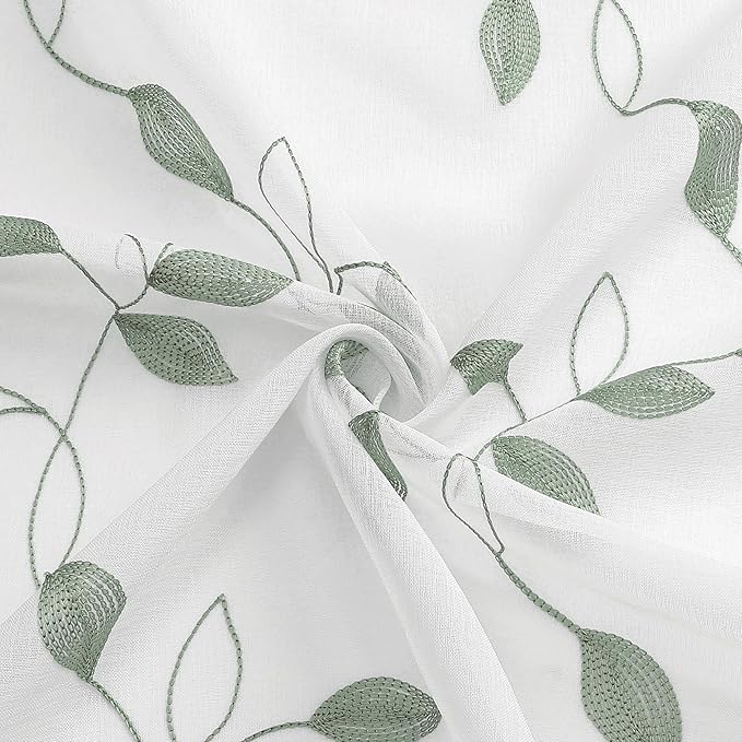 Tollpiz Sage Green Leaf Sheer Curtains Leaves Embroidered Bedroom Curtain Rod Pocket Voile Window Treatment for Living Room, 54 x 84 inches Long, Set of 2 Panels