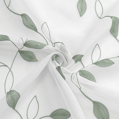 Tollpiz Sage Green Leaf Sheer Curtain Leaves Embroidered Living Room Short Curtains Rod Pocket Voile Window Treatment for Bedroom, 54 x 54 inches Long, Set of 2 Panels