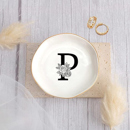 JoycuFF Initial P Ceramic Jewelry Tray, Bridesmaid Bride Gifts, Mothers Day Christmas Anniversary Engagement Birthday Gifts for Women Couples, Trinket Dish for Rings Earrings Necklaces Bracelets Keys