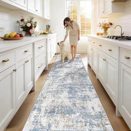 2.6x10 Runner Rug for Hallway, Washable Modern Abstract Runner Rugs Neutral Soft Non Slip Kids Rug Stain Resistant Indoor Runners for Hallways Entryway Bedroom Kitchen Laundry Room(Blue, 2'6''x10')