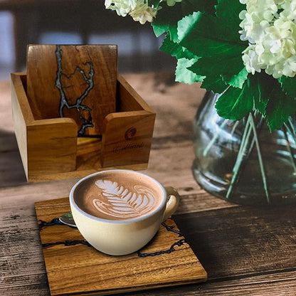 | Beautiful Epoxy Resin and Wood Coaster Set | Ideal for Tabletop Protection | Enhance Your Coffee Table Decor | (Fractal Burning Blue)