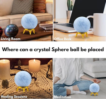 Amazing Gemstone Blue Calcite Crystal Ball with Stand - 1.5" Inches Crystal Sphere Meditation Balls for Witchcraft and Decorative Balls