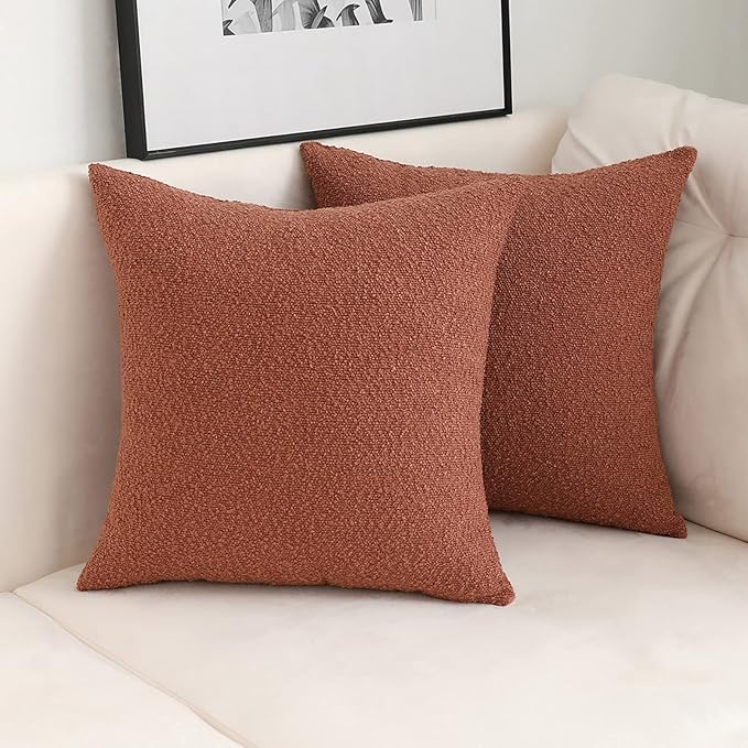 Jeneoo Ocher Decorative Square Thick Accent Terracotta Throw Pillow Covers Fine Textured Boucle Couch Cushion Cases for Sofa Decor, Set of 2, 20 x 20 Inch