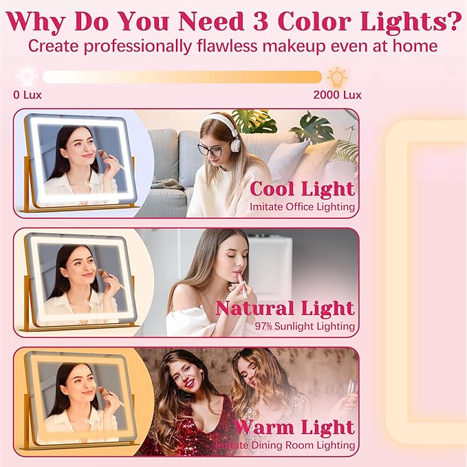 HNV Gold Vanity Makeup Mirror with Lights, 22"x17" Large Lighted Vanity Mirror, Dimmable LED with 3 Color Touch Lighting, Tabletop Mirror for Desk or Bedroom, 360° Rotation