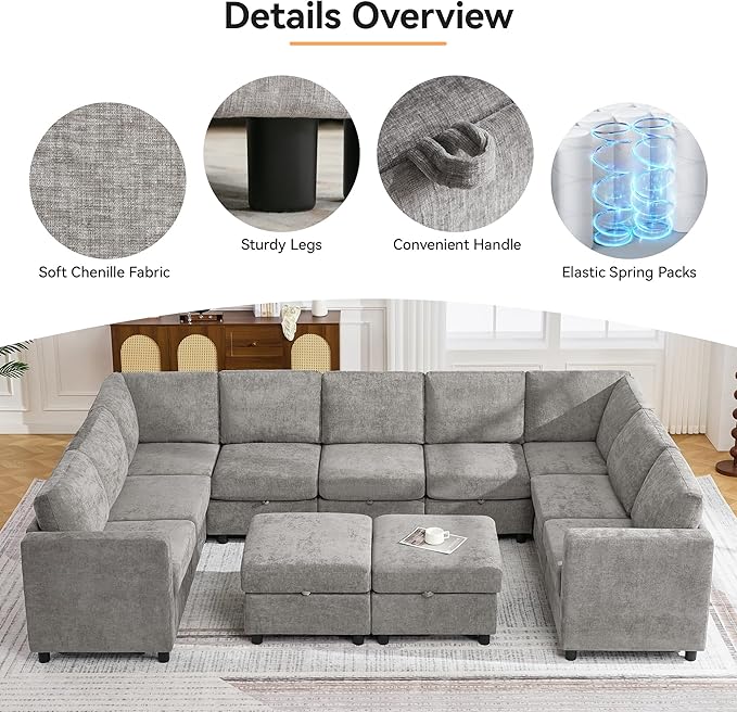127'' Oversized U Shaped Modular Sofa, Sectional Couches with Storage for Living Room, Modern 9 Seater Cloud Sectional Couch with Movable Ottoman, Chenille Grey