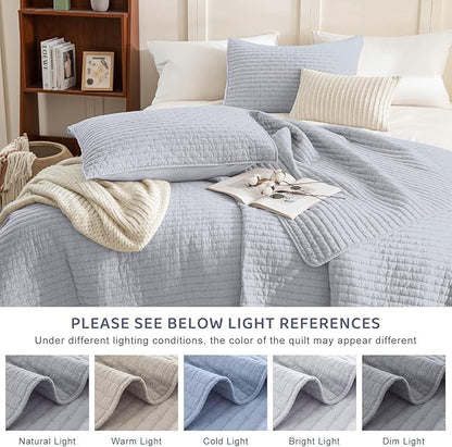 Sanracie Stonewashed Oversized King Quilt(120"x120"), Cotton Cornflower Blue Cross Stitch Pattern California King Quilt Sets 3Pcs Soft Lightweight Crinkle Bed Coverlet Set for All Season