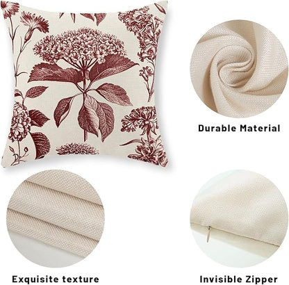 Burgundy Red Pillow Covers 18x18 Set of 2 Vintage Boho Floral Hydrangea Herbs Botanical Throw Pillows Outdoor Flower Decoration Pillowcase Linen Farmhouse Cushion Case Decor for Couch Sofa