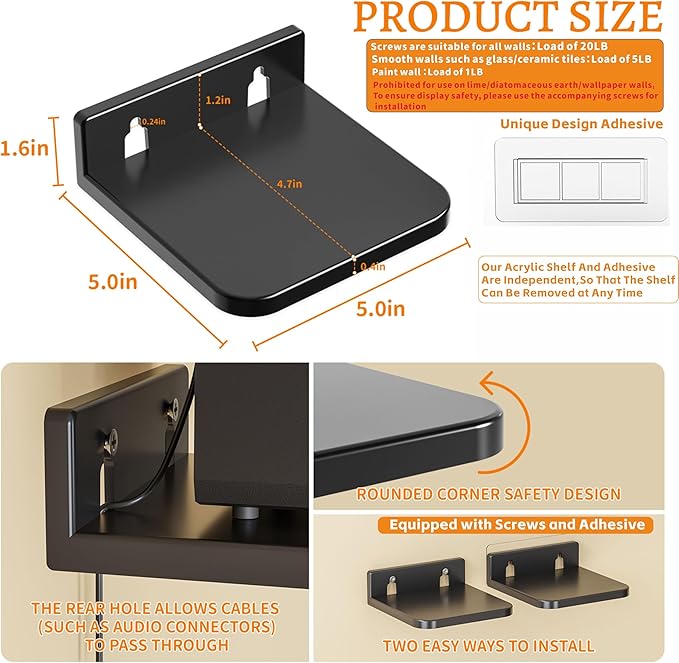 Yieach 5 Inch Mini Wall Shelf for Figurine,Action Figure Shelves,Bedroom,Gaming Room Decor,4 Pack No Drill Adhesive Acrylic Floating Shelves for Picture,Plant,Funko,Anime Figure Display Shelf,Black