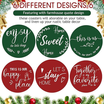 Queekay Coasters Set of 6 House Warming Gifts New Home Wooden Farmhouse Drink Coasters with Holder 4'' Funny Decoration for Kitchen Family Coffee Bar Tabletop Protection(Red,Green)