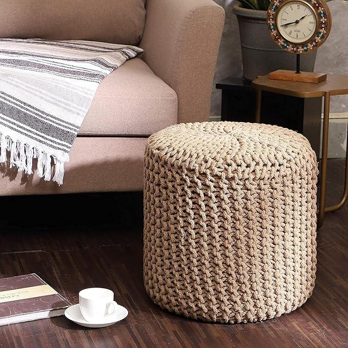 REDEARTH · Cylindrical Hand Knitted Pouf - Foot Stool Ottoman - Cord Boho Pouffe - Cotton Round Poof for Home Decor - Living Room - Nursery - Bedroom - Patio (16" x 16" x 16") - Beige, Set of 2