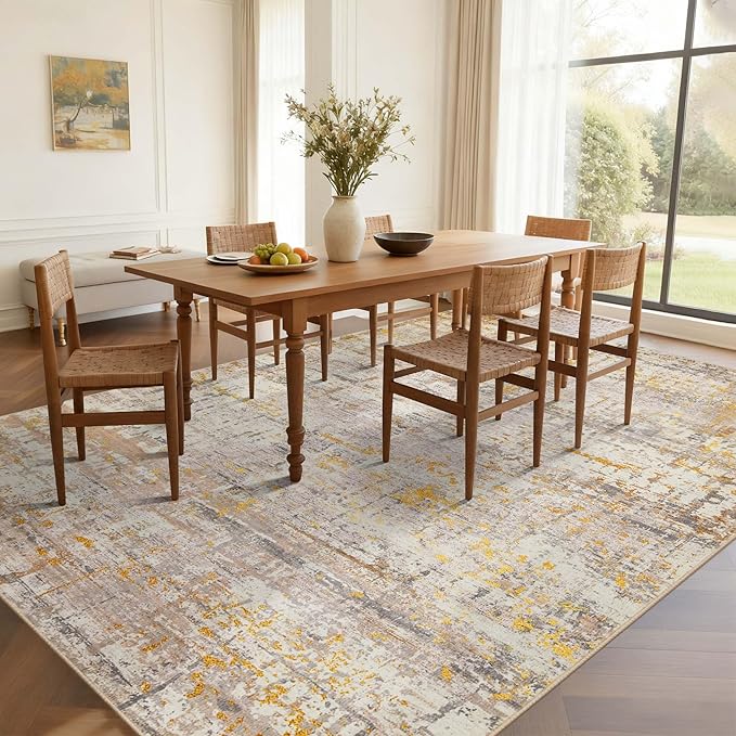 Area Rugs 8x10,Large Soft Rugs for Living Room, Washable, Modern Neutral Abstract Rugs for Bedroom Dining Room, Non-Slip Foldable Thin Indoor Carpet Stain Resistant(Beige Gold)