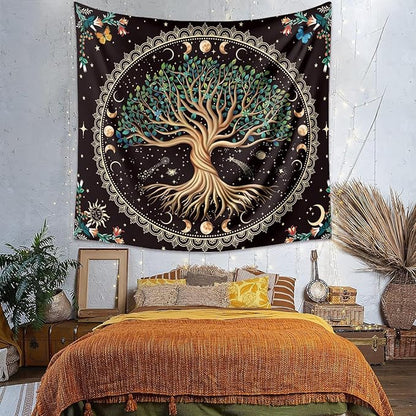 Moon Phase Tree of Life Tapestry Nature Flower Plant Butterfly Tapestries Boho Mandala Spiritual Tapestry Aesthetic Wall Hanging for Home Decor Bedroom Living Room Dorm Decor (70.87" x 90.55", Blue)