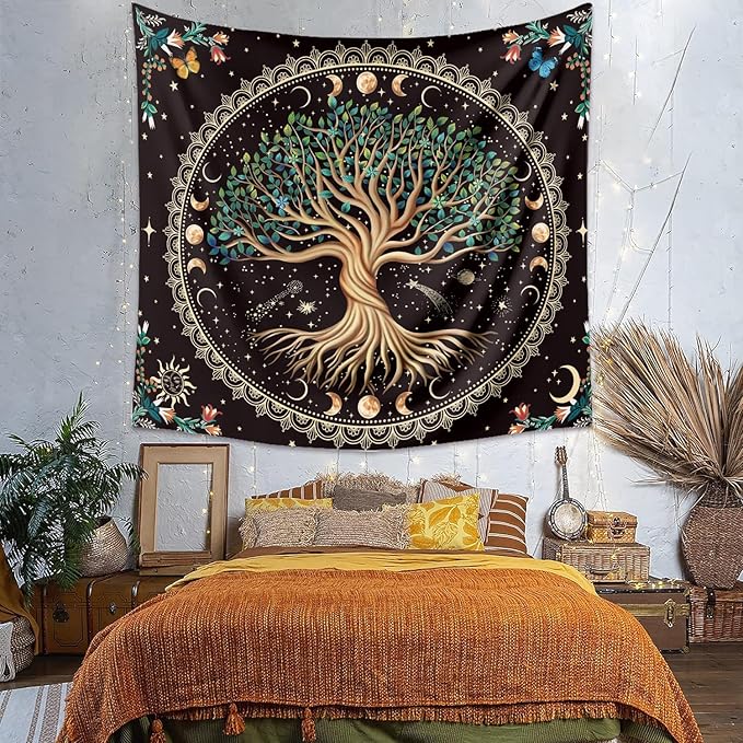 Moon Phase Tree of Life Tapestry Nature Flower Plant Butterfly Tapestries Boho Mandala Spiritual Tapestry Aesthetic Wall Hanging for Home Decor Bedroom Living Room Dorm Decor (51.18" x 59.06", Blue)