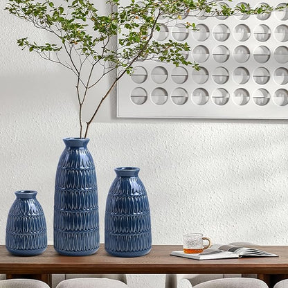 Yundu Navy Blue Ceramic Flower Vases for Home Decor Set of 3, Living Room Décor, Modern Farmhouse and Neutral Home Décor, Pmpas Grass Vase, Shelf, Mantle, Centerpieces Minimalist Décor
