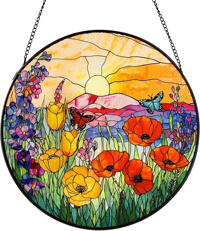 Stained Glass Window Hanging Sunrise Suncatcher, Renyalora 10 Inch Round Wildflower Glass Sun Catcher for Window Wall Art for Home, Patio, Porch, Outdoor Garden Décor Gift for Nature Lovers & Women