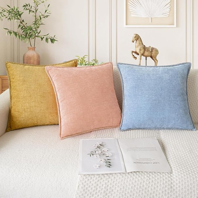 CaliTime Throw Pillow Covers Decorative 20 X 20 Inches Pack of 2 Cotton Thread Stitching Edges Solid Dyed Soft Chenille Cushion Cases for Couch Sofa Bed Living Room Farmhouse Gold