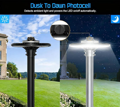 200W 150W 120W LED Post Top Light with Photocell, 28000 lumens 3000K 4000K 5000K Circular Area Pole Lights, IP65 Waterproof Outdoor Post Light for Garden Pathway Yard Lighting UL Listed, AC100-277V