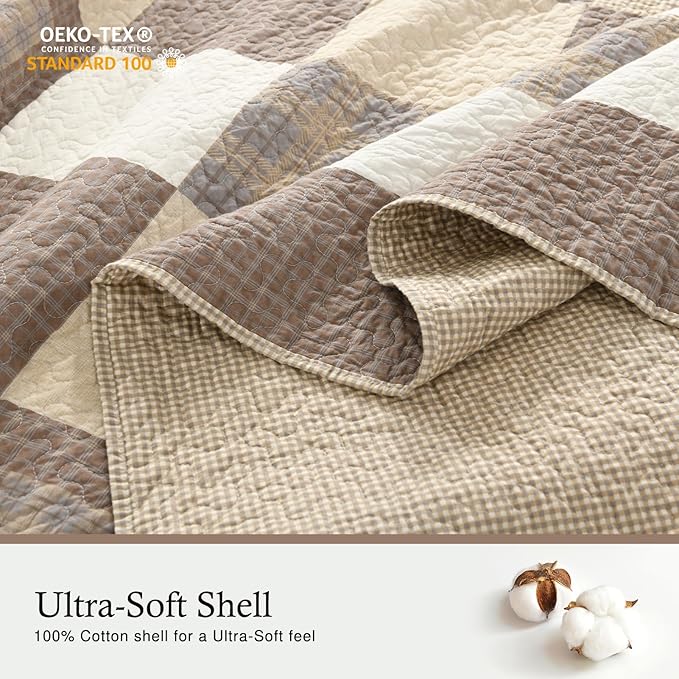 Oversized King Bedspread 128"x120" - 100% Cotton Lightweight California King Quilt with 2 Pillowshams, Printed Diamond Extra Wide Quilted Bedding Coverlet for All Season, Brown/Beige/Khaki