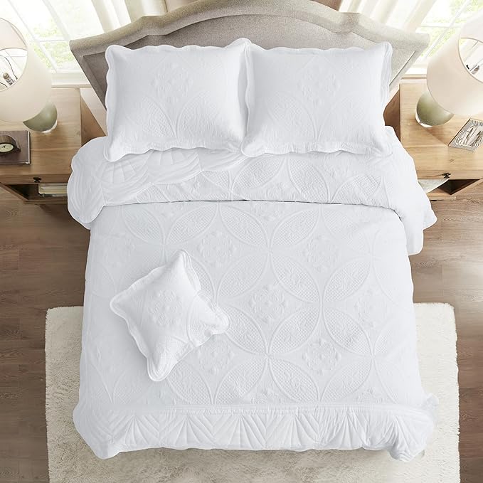 Bedspread - Full Size Bedding Cover - Modern & Contemporary Coverlet Set, Real Stitching, Reversible, Lightweight, 5 Piece, White